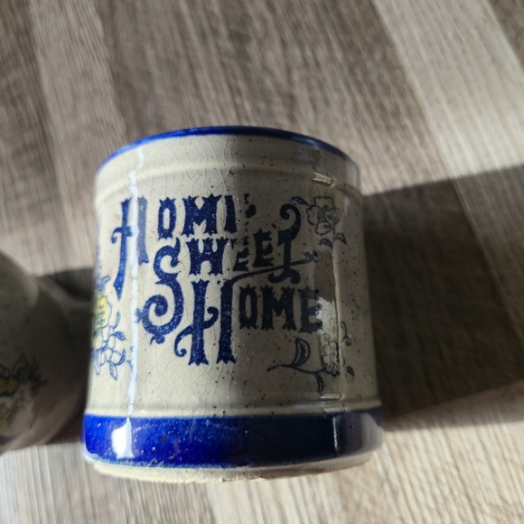 Vintage Home Sweet Home Speckled Stoneware Creamer & Sugar Blue Floral Farmhouse - Picture 3 of 15
